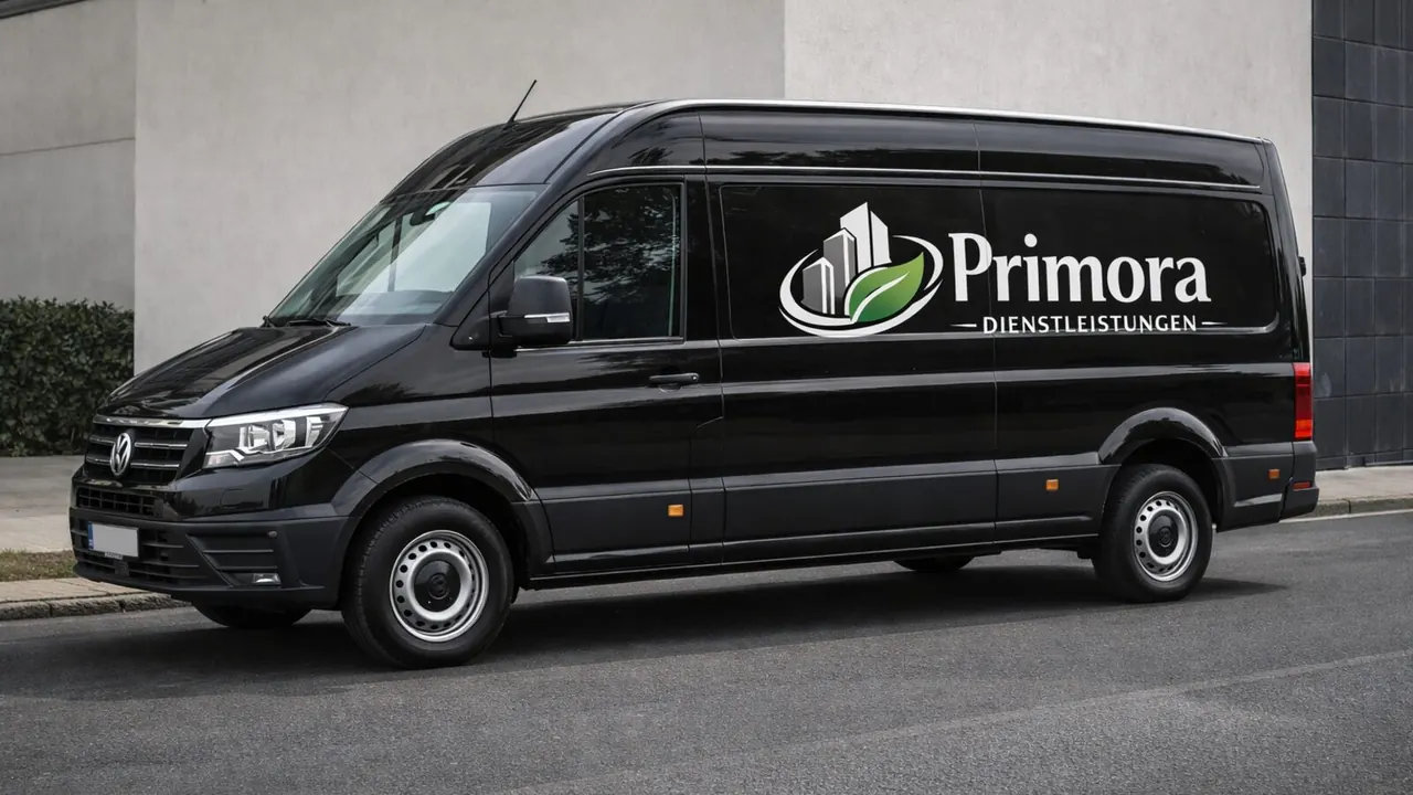 Schwarzer Mercedes Sprinter mit Primora Logo bei Einsatz im Ruhrgebiet