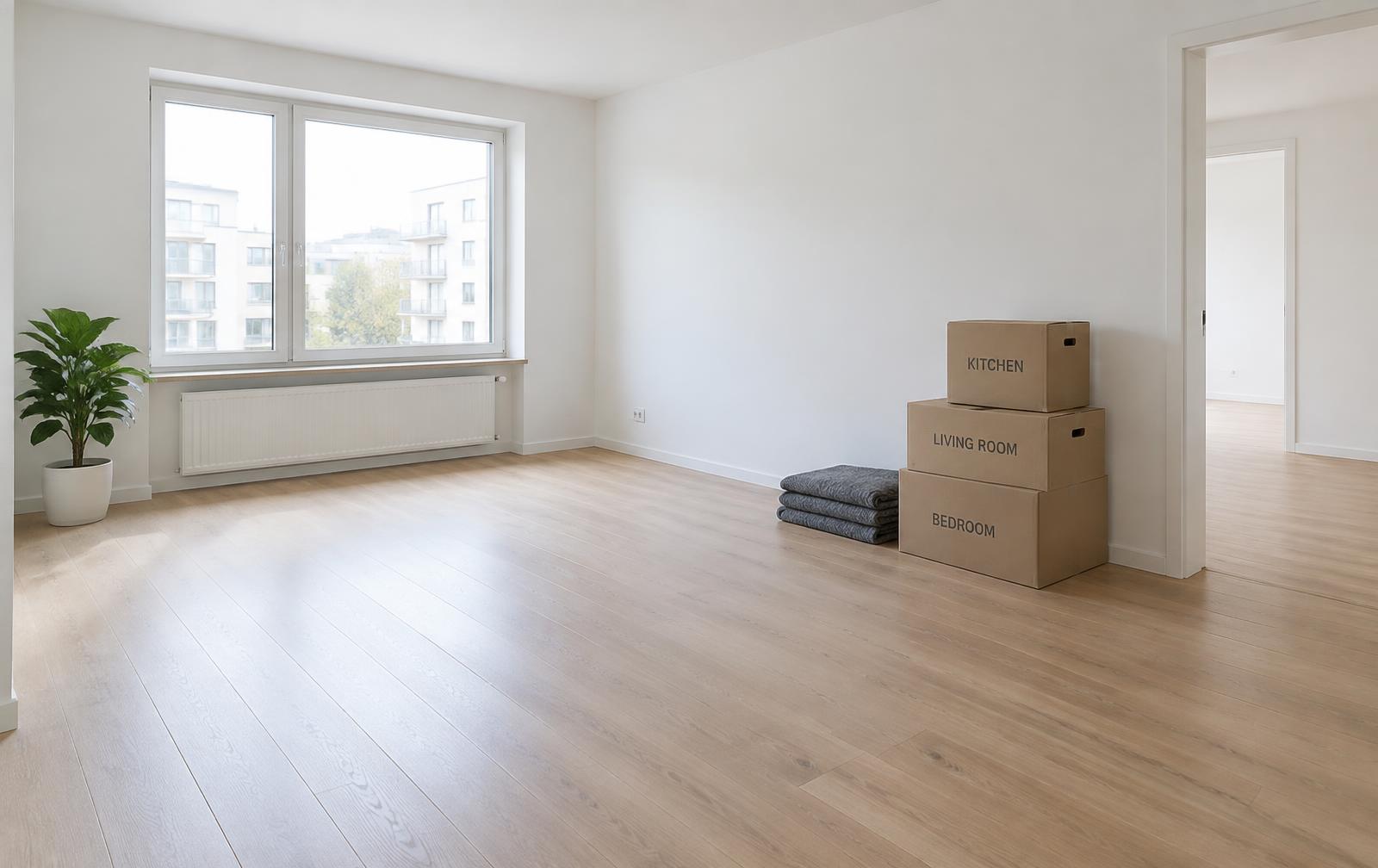Besenrein geräumter, heller Wohnraum nach einer Entrümpelung