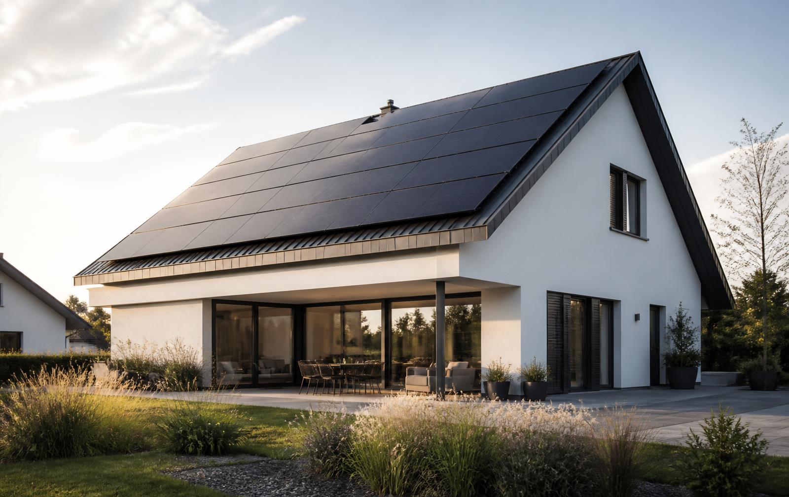 Modernes Haus mit montierter Photovoltaikanlage